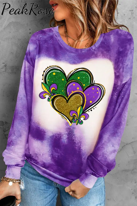 Mardi Gras Glitter Hearts Print Tie Dye Bleached Long-Sleeved Sweatshirt #2 / S