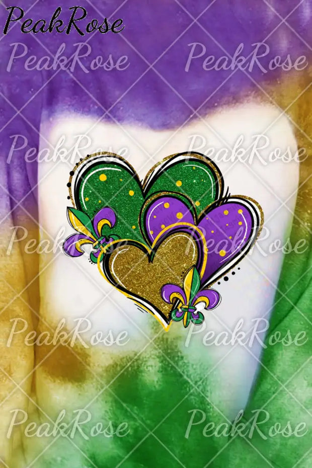 Mardi Gras Glitter Hearts Print Tie Dye Bleached Long-Sleeved Sweatshirt