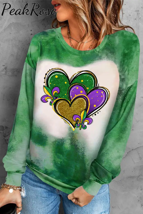 Mardi Gras Glitter Hearts Print Tie Dye Bleached Long-Sleeved Sweatshirt #3 / S