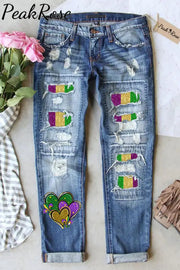 Mardi Gras Glitter Hearts Print Tie Dye Bleached Ripped Jeans S