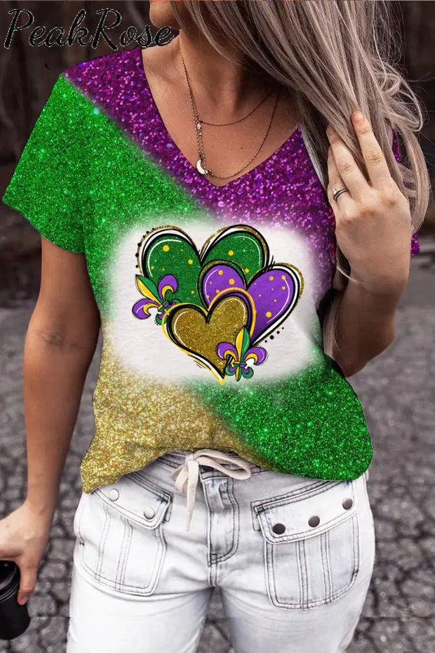 Mardi Gras Glitter Hearts Print Tie Dye Bleached Short-Sleeved T-Shirt #1 / S