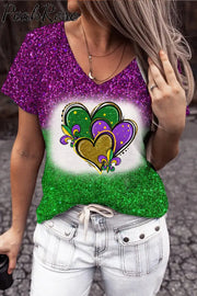 Mardi Gras Glitter Hearts Print Tie Dye Bleached Short-Sleeved T-Shirt #2 / S