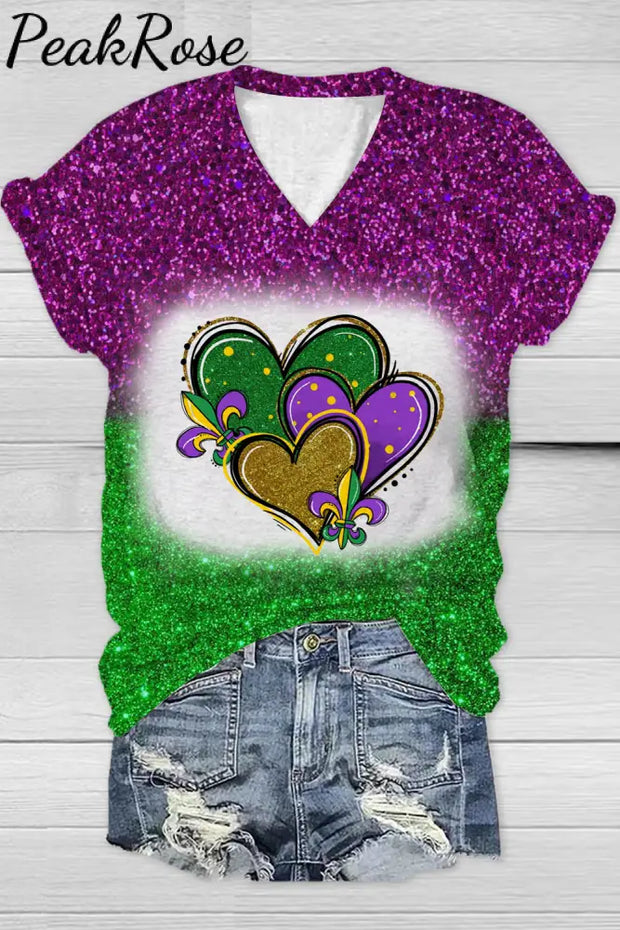 Mardi Gras Glitter Hearts Print Tie Dye Bleached Short-Sleeved T-Shirt