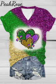 Mardi Gras Glitter Hearts Print Tie Dye Bleached Short-Sleeved T-Shirt