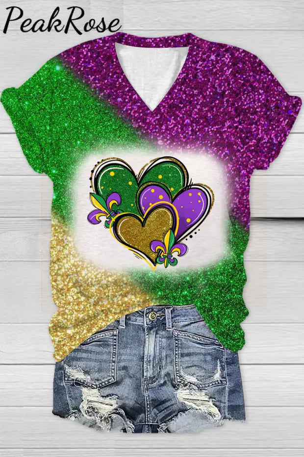 Mardi Gras Glitter Hearts Print Tie Dye Bleached Short-Sleeved T-Shirt