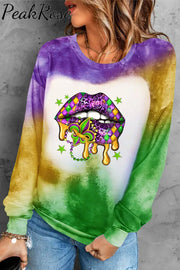 Mardi Gras Glitter Leopard Western Lips Tie Dye Bleached Long-Sleeved Sweatshirt