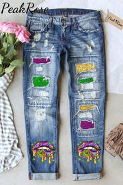 Mardi Gras Glitter Leopard Western Lips Tie Dye Bleached Ripped Jeans S