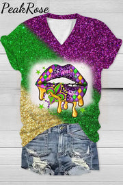 Mardi Gras Glitter Leopard Western Lips Tie Dye Bleached Short-Sleeved T-Shirt