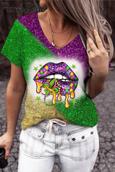 Mardi Gras Glitter Leopard Western Lips Tie Dye Bleached Short-Sleeved T-Shirt S / Green