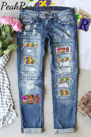 Mardi Gras Gnomies Cakes Flowers And Balloon Print Denim Jeans S / Blue