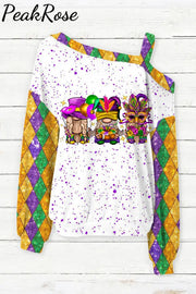 Mardi Gras Gnomies Cakes Flowers And Balloon Print Off-Shoulder Blouse