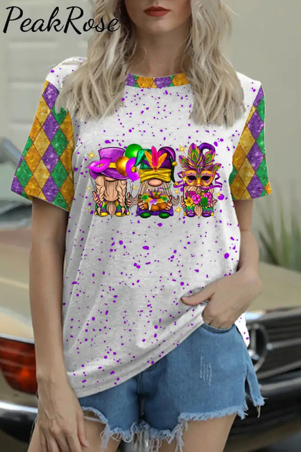 Mardi Gras Gnomies Cakes Flowers And Balloon Print Round Neck Short Sleeve T-Shirt