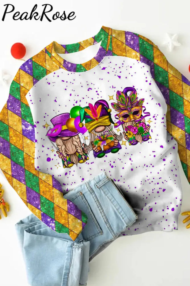 Mardi Gras Gnomies Cakes Flowers And Balloon Print Sweatshirt