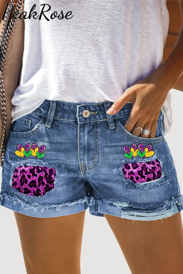 Mardi Gras Heart Bright Purple Leopard Denim Shorts