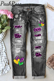 Mardi Gras Heart Bright Purple Leopard Feathers Jeans