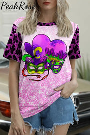 Mardi Gras Heart Bright Purple Leopard Short-Sleeved T-Shirt Top