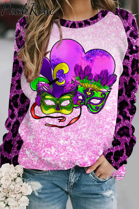 Mardi Gras Heart Bright Purple Leopard Sweatshirt S / Photo Color