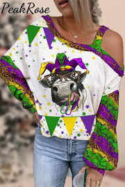 Mardi Gras Leopard Fleur De Lis Cow With Beats Print Off-Shoulder Blouse