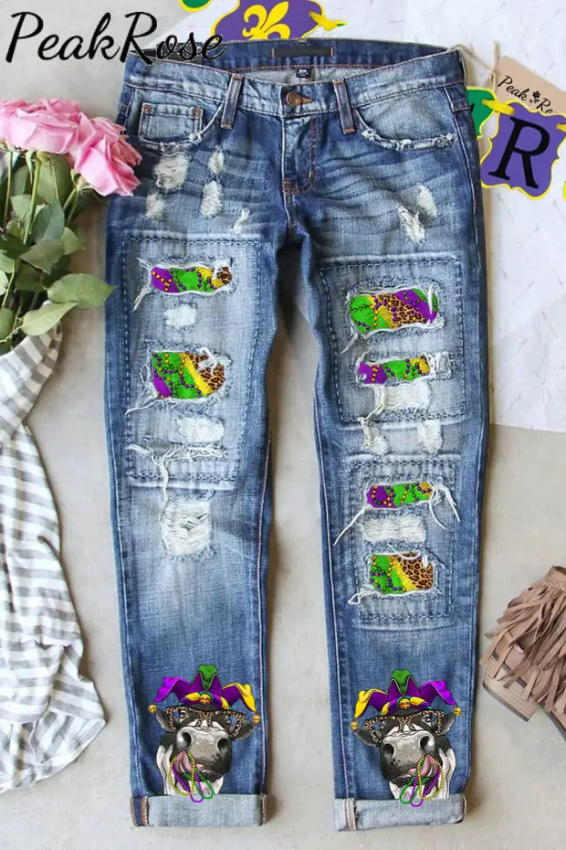 Mardi Gras Leopard Fleur De Lis Cow With Beats Print Ripped Jeans S