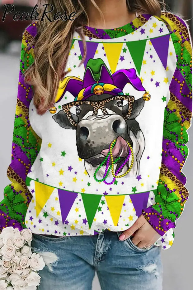 Mardi Gras Leopard Fleur De Lis Cow With Beats Print Sweatshirt Multicolor / S