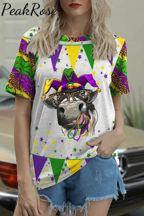 Mardi Gras Leopard Fleur De Lis Cow With Beats Print T-Shirt T-Shirt