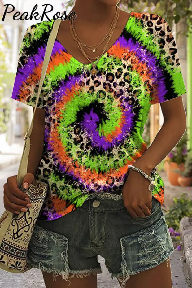 Mardi Gras Leopard Neon Green& Purple&Yellow Spiral Tie Dye T-Shirt