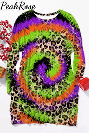 Mardi Gras Leopard Neon Green& Purple&Yellow Spiral Tie Dye Tank Tunic With Pockets