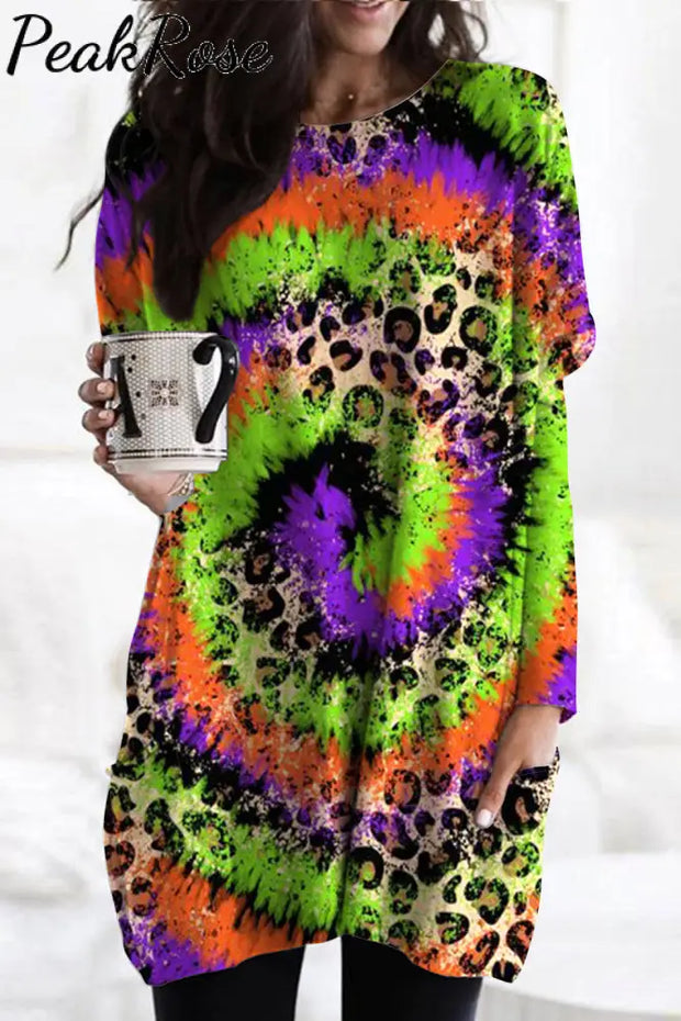 Mardi Gras Leopard Neon Green& Purple&Yellow Spiral Tie Dye Tank Tunic With Pockets S / Multicolor