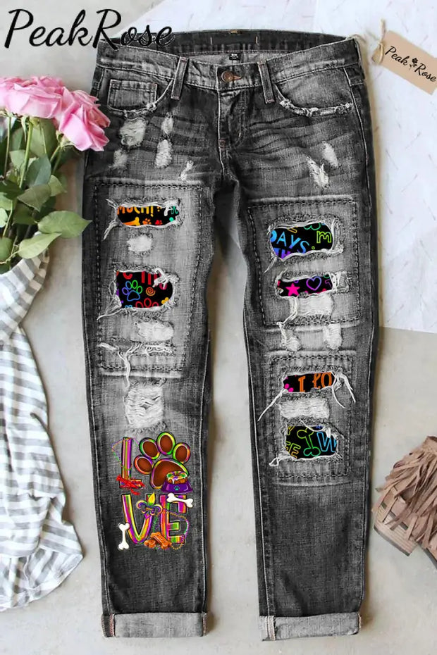 Mardi Gras Love Dog Colorful Pattern Denim Jeans