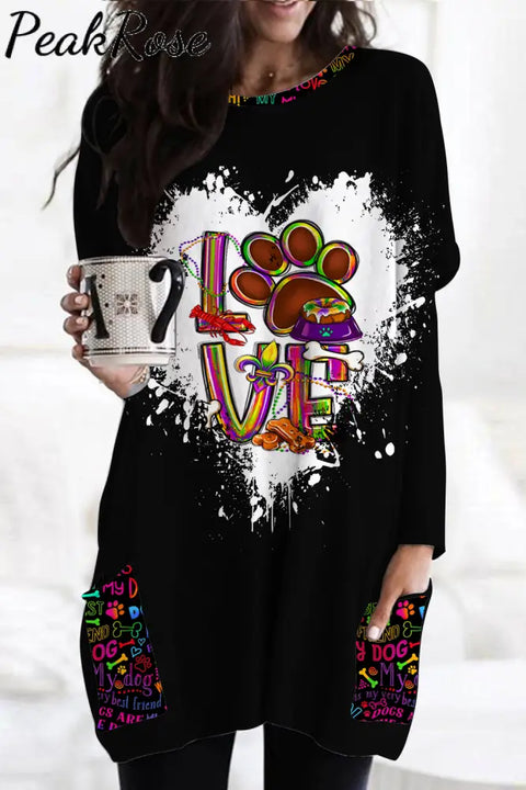 Mardi Gras Love Dog Colorful Pattern Loose Tunic With Pockets