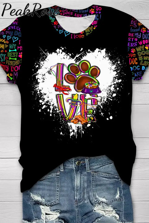 Mardi Gras Love Dog Colorful Pattern Short-Sleeved T-Shirt Top