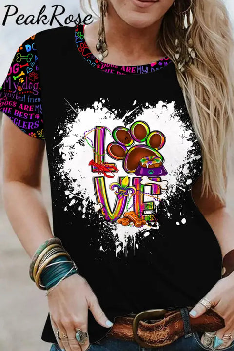 Mardi Gras Love Dog Colorful Pattern Short-Sleeved T-Shirt Top S / Photo Color