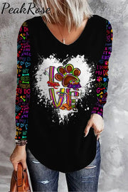 Mardi Gras Love Dog Colorful Pattern V Neck Casual Long Sleeve T-Shirt