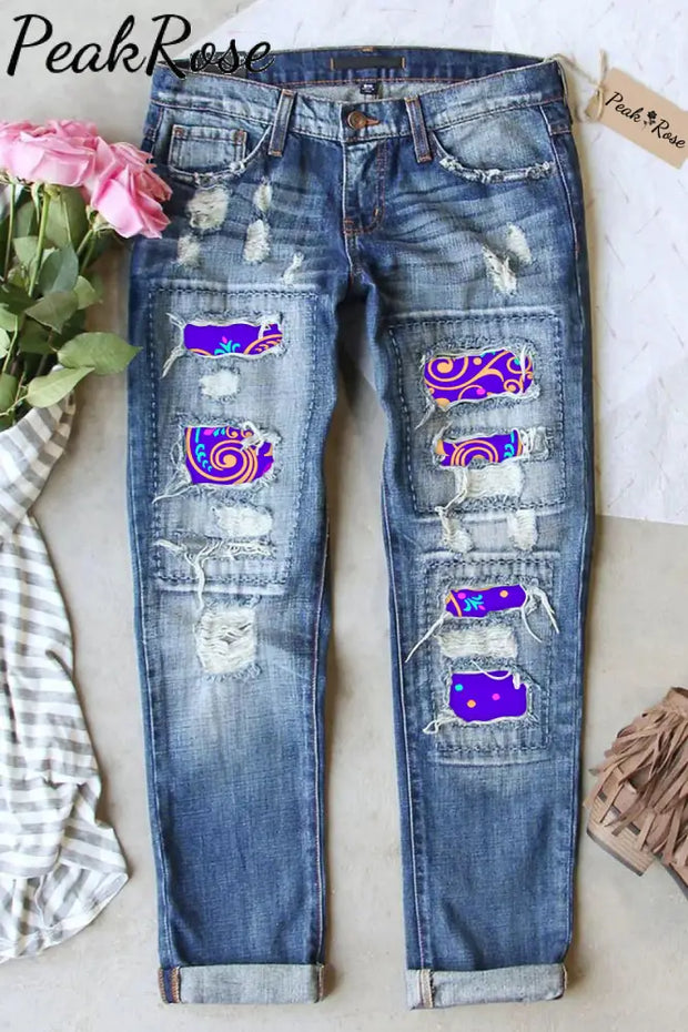 Mardi Gras Mask Floral Font Purple Denim Jeans