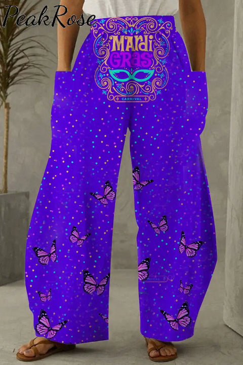 Mardi Gras Mask Floral Font Purple Loose Pocket Pants