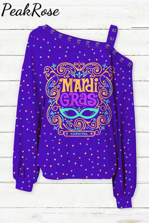 Mardi Gras Mask Floral Font Purple Off-Shoulder Blouse