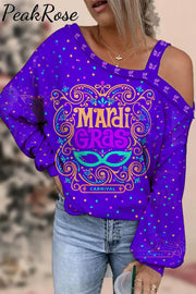 Mardi Gras Mask Floral Font Purple Off-Shoulder Blouse / S