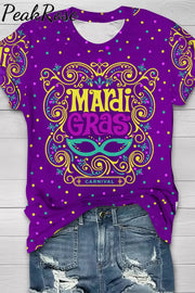 Mardi Gras Mask Floral Font Purple Round Neck Short Sleeve T-Shirt