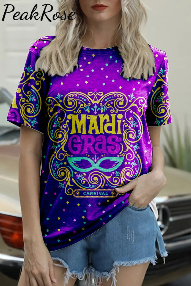 Mardi Gras Mask Floral Font Purple Round Neck Short Sleeve T-Shirt S / Photo Color