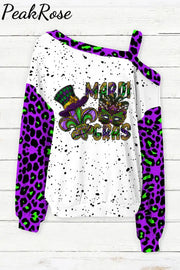 Mardi Gras Mask Hat Fleur De Lis Polka Dots Print Off-Shoulder Blouse