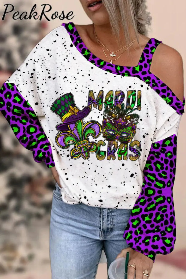 Mardi Gras Mask Hat Fleur De Lis Polka Dots Print Off-Shoulder Blouse Photo Color / S