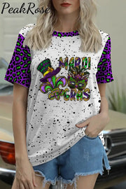 Mardi Gras Mask Hat Fleur De Lis Polka Dots Print Round Neck Short Sleeve T-Shirt