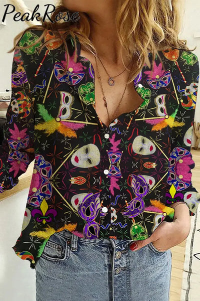 Mardi Gras Mask-Print Long Sleeve Shirt S / Multicolor Women