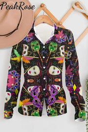 Mardi Gras Mask-Print Long Sleeve Shirt Women