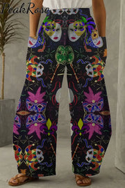 Mardi Gras Mask-Print Loose Pockets Pants Pocket