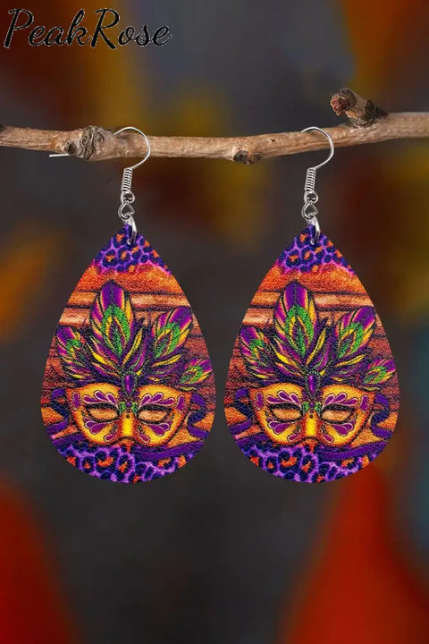 Mardi Gras Mask Shape Triple-Leather Shiny Leaf Earrings