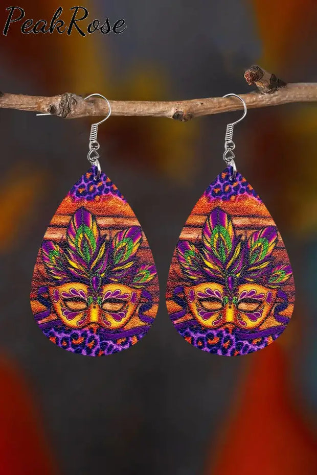 Mardi Gras Mask Shape Triple-Leather Shiny Leaf Earrings