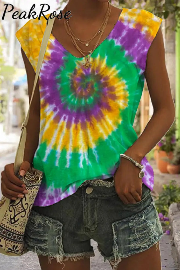 Mardi Gras Neon Green& Purple&Yellow Spiral Tie Dye Tank Top S / Photo Color V-Neck