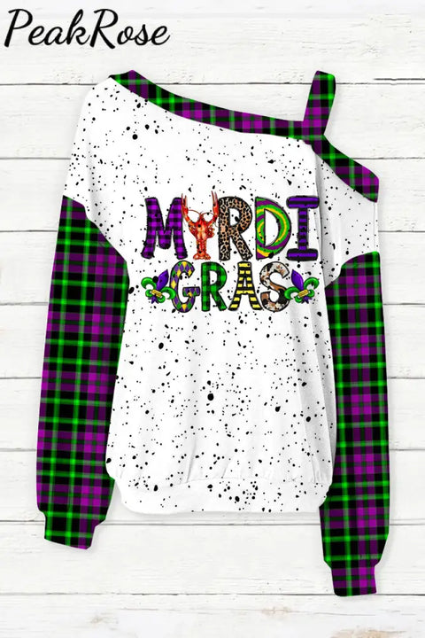 Mardi Gras Plaid Crawfish With Fleur De Lis Polka Print Off-Shoulder Blouse