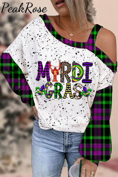 Mardi Gras Plaid Crawfish With Fleur De Lis Polka Print Off-Shoulder Blouse S / Green